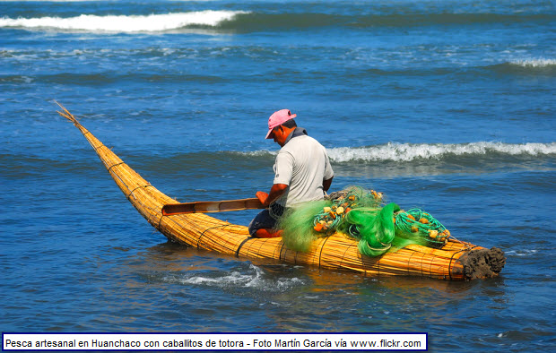 Pescador de Huanchaco en su caballito de totora iniciando la faena del día