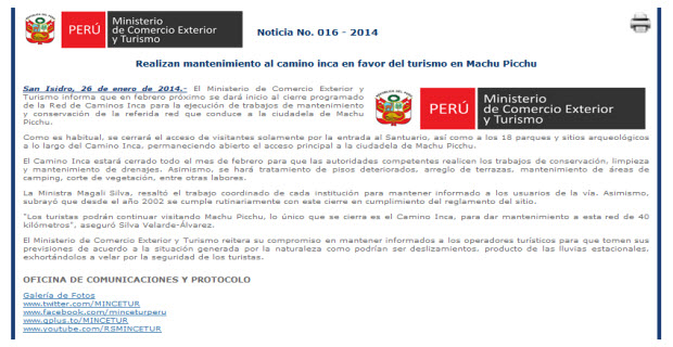 Comunicado de prensa del Mincetur sobre el cierre del Camino Inca por mantenimiento