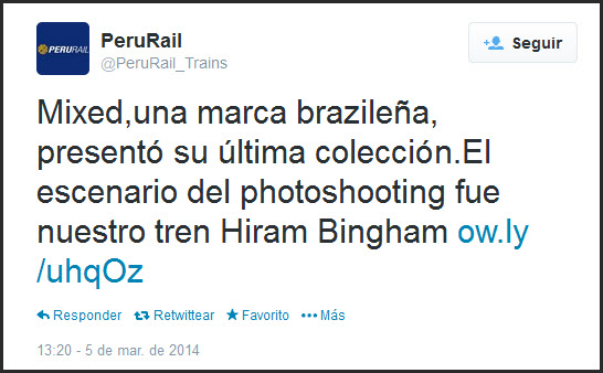 PeruRail informó por Twitter que empresa de alta costura de Brasil se inspiró en Cusco y sus atractivos