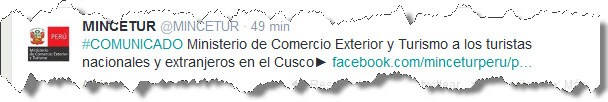Tuit de MINCETUR con recomendaciones para turistas nacionales y extranjeros por el paro de transporte urbano en Cusco para 24 de marzo 2014