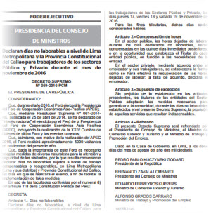Decreto Supremo con días no laborables en noviembre por feriados 2016 Perú por Foro APEC