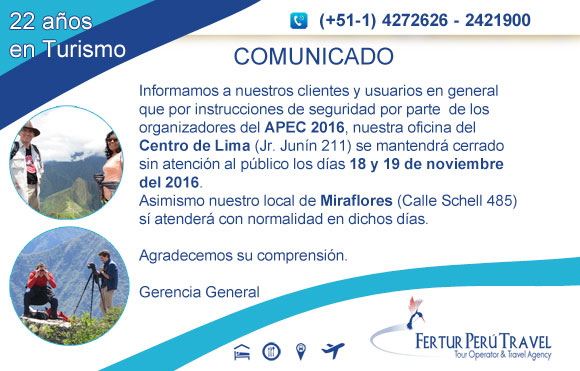 Comunicado de la agencia de viajes Fertur Perú Travel por APEC 2016