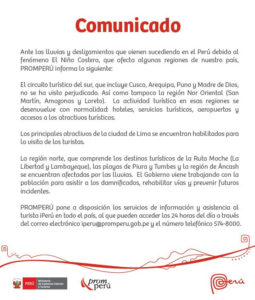 Comunicado oficial de Promperú por el Fenómeno El Niño zonas afectadas