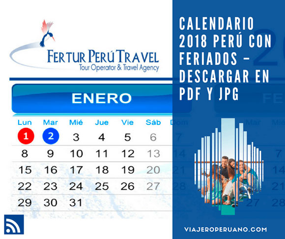 Calendario de Perú 2018 con feriados - Descargar almanaque fertur en formato pdf y jpg