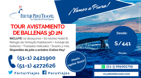 Tour avistamiento de ballenas en Piura 3 días 2 noches